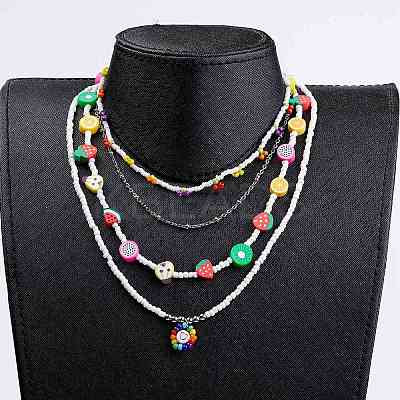Beaded Necklaces & 304 Stainless Steel Satellite Chain Necklace Sets NJEW-JN03459-1