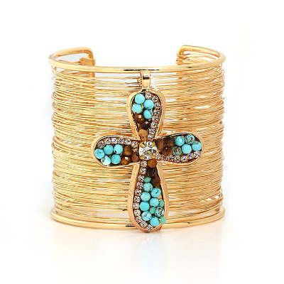 Alloy & Synthetic Turquoise & Natural Tiger Eye Beads Cuff Bangles FS-WGA88C7-01-1