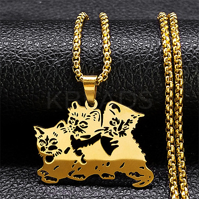 201 Stainless Steel Hollow Cute Cat Pendant Necklaces for Women LS-NJEW-K283-38G-1