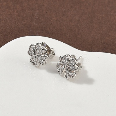 Clover Brass Micro Pave Clear Cubic Zirconia Stud Earrings EJEW-F383-09P-1