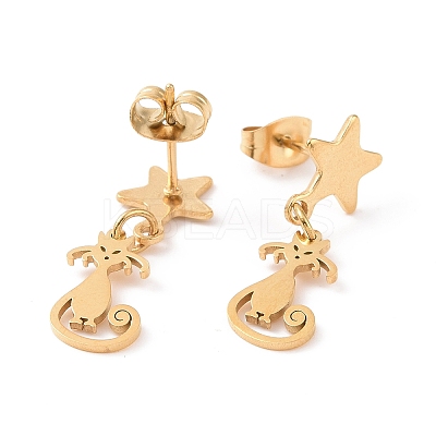 304 Stainless Steel Cat with Star Dangle Stud Earrings for Women EJEW-G328-10-1