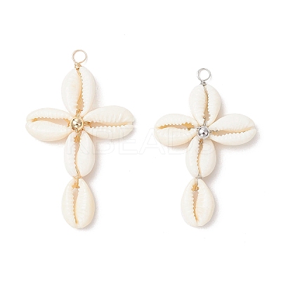2Pcs 2 Colors Natural Cowrie Shell Beaded Cross Pendants PALLOY-JF03938-1