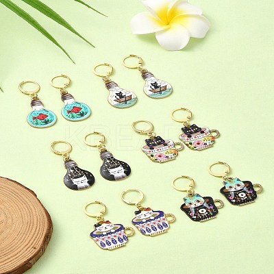 Cat Alloy Enamel Pendant Locking Stitch Markers HJEW-YW00021-1