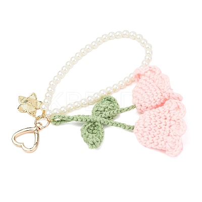 Handmade Cotton Yarn Crochet Lily of the Valley & Glass Pearl Round Bead Pendant Decorations HJEW-JM04389-03-1