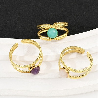 316 Stainless Steel with Natural Mixed Gemstone Cuff Rings RJEW-Z098-01G-11-1