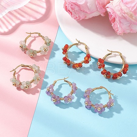 3 Pairs Flower Brass Natural Gemstone Hoop Earrings EJEW-TA00781-1