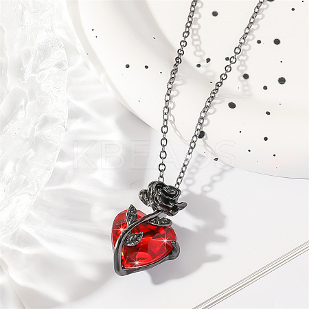 Valentine's Day Heart & Rose Zinc Alloy Ruby Rhinestone Pendant Necklaces for Women FS-WG5EA65-03-1