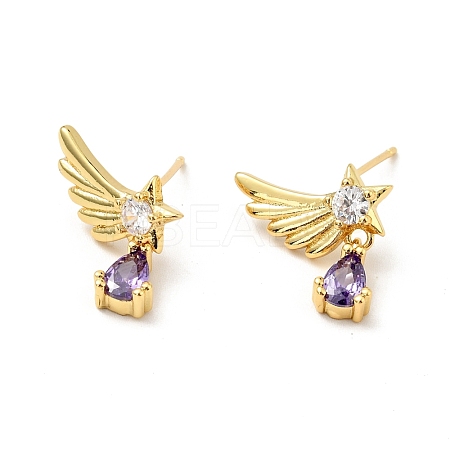 Purple Cubic Zirconia Wing with Teardrop Dangle Stud Earrings EJEW-G297-01G-1