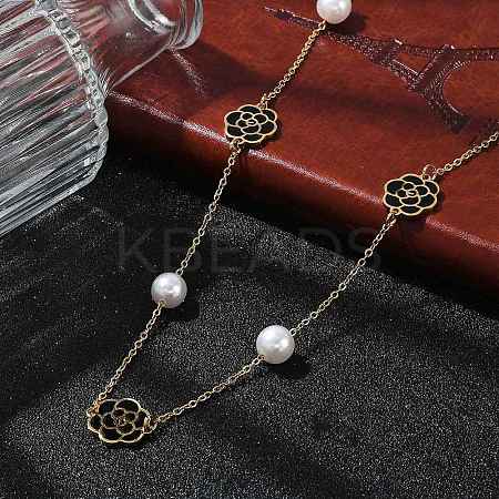 Ion Plating(IP) 304 Stainless Steel Black Enamel Flower Pendant Necklaces for Women NJEW-M078-09G-1