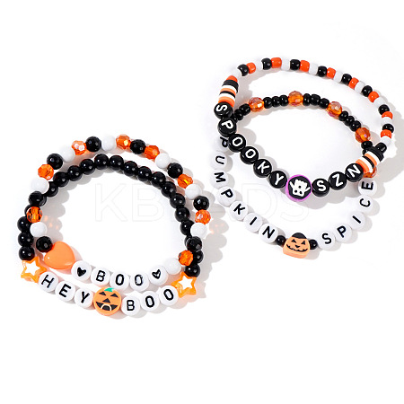 4Pcs Spooky Halloween Acrylic & Glass Beaded Stretch Bracelets EK3057-3-1