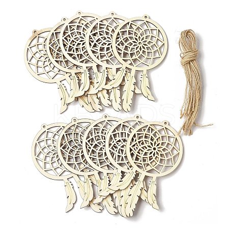 10Pcs Woven Net/Web with Feather Unfinished Blank Wooden Pendants for Painting Arts LS-FIND-R052-01B-1