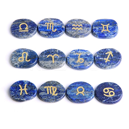 12Pcs Natural Lapis Lazuli Engraved 12 Constellation Oval Display Decoration PW-WG17432-01-1