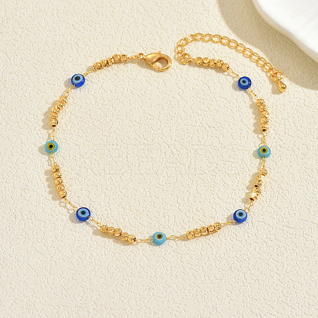 Bohemian Brass Round Beaded & Resin Link Chain Anklets for Summer Vacation BD6546-3-1