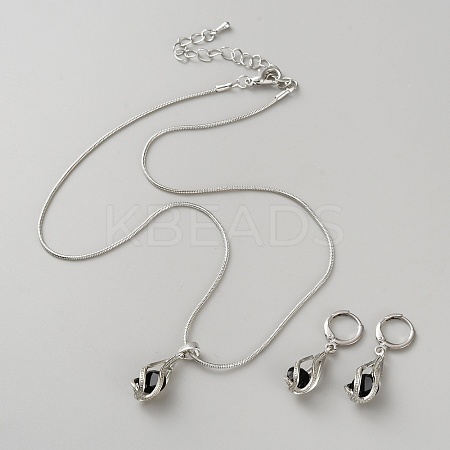 Teardrop Brass & Cubic Zirconia Pendant Necklaces & Hoop Earrings Jewelry Set for Women SJEW-WH0008-05P-02-1