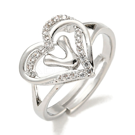 Heart with Letter Rack Plating Brass Micro Pave Clear Cubic Zirconia Adjustable Rings for Women RJEW-I105-01P-V-1