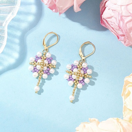 Flower with Cross 304 Stainless Steel Earrings Glass Seeds Leverback Earrings EJEW-MZ00507-03-1