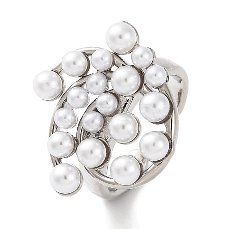 Rack Plating Flower Brass ABS Imitation Pearl Open Cuff Rings for Women RJEW-S242-08P-1