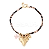 304 Stainless Steel Enamel Pink Flower Heart Pendant Leopard Print Polyester Cord Necklaces for Women NJEW-F352-04G-1