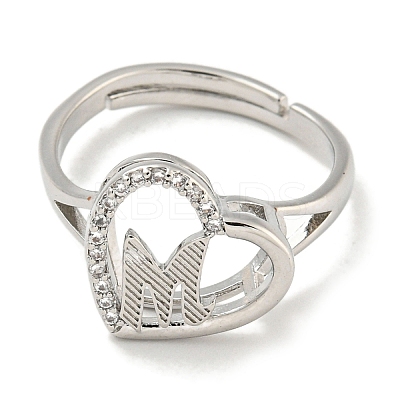 Heart with Letter Rack Plating Brass Micro Pave Cubic Zirconia Adjustable Rings for Women RJEW-I105-06P-M-1