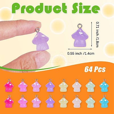 64Pcs 8 Colors Translucent Resin Pendant Colorful Night Glow Small Mushroom Pendant Creative Jewelry Accessories JX857A-1