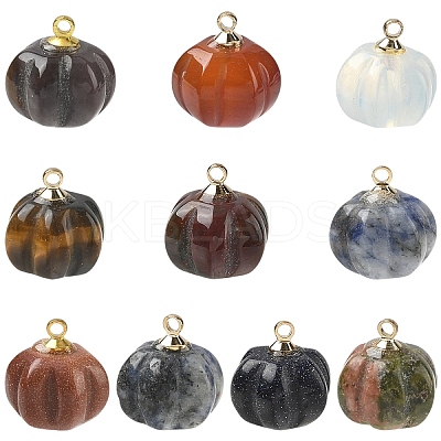 10Pcs Natural & Synthetic Mixed Gemstone Pumpkin Charms with Golden Tone Brass Bails G-YW0002-45-1