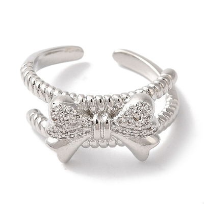 Bowknot Brass Micro Pave Clear Cubic Zirconia Open Cuff Rings for Women LS-RJEW-C098-02P-1