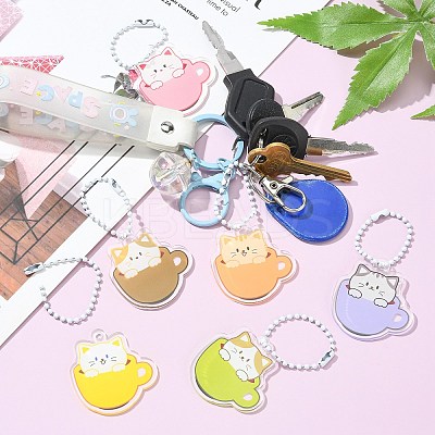 8 Sets 8 Colors Cute Coffee Cup Cat Acrylic Pendant Keychain HJEW-CJ0001-03-1