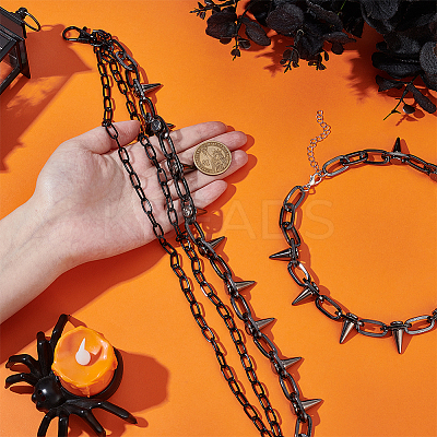 Punk Exaggerated Alloy Cable Necklaces & Aluminum & Iron Spike Rivet Tassel Chains Belt Jewelry Sets SJEW-AR0001-02-1