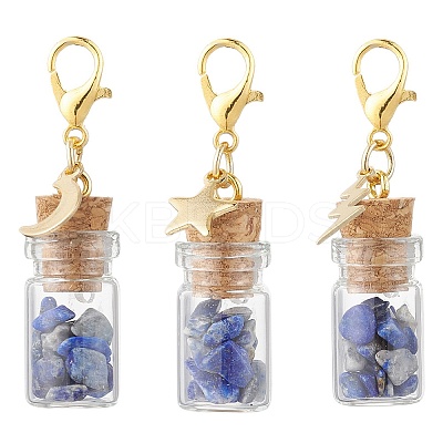 Natural Lapis Lazuli Chips inside Glass Wishing Bottle Pendant Decoration HJEW-JM03307-03-1
