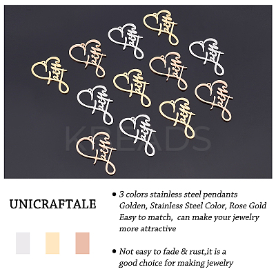 12Pcs 3 Colors 304 Stainless Steel Pendants STAS-UN0026-61-1