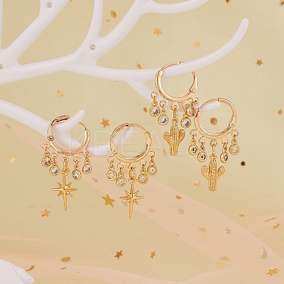 Star Brass Dangle Huggie Hoop Earrings EJEW-SW00001-06-1