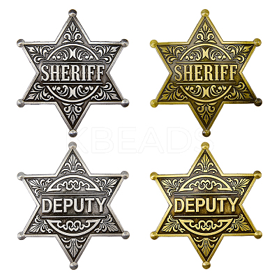 4Pcs 4 Styles Vintage SHERIFF DEPUTY Alloy Star Brooches JEWB-FG0001-80-1