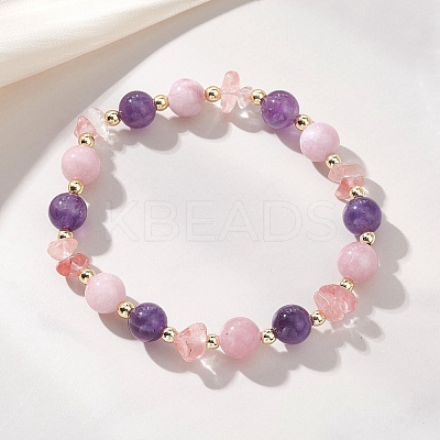 Cherry Quartz Glass & Natural Quartz & Natural Amethyst Stretch Bracelets for Women BJEW-JB13190-1