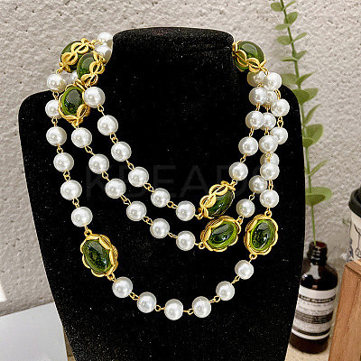 Alloy & Imitation Pearl & Oval Lampwork Beaded Long Necklaces for Women FS-WG23C77-01-1