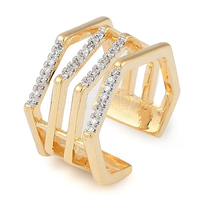 Hexagon Brass Micro Pave Clear Cubic Zirconia Multi-layer Open Cuff Ring for Women RJEW-Q819-17G-1