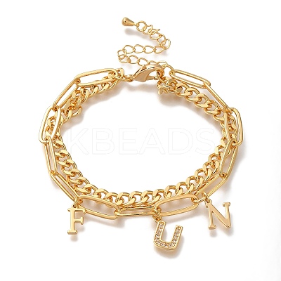 Word Fun Brass Micro Pave Cubic Zirconia Card Paper Chain Bracelets BJEW-L696-103G-1