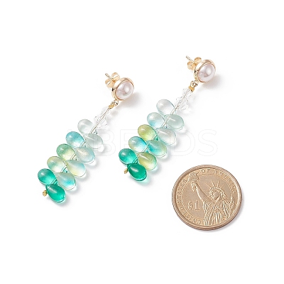 Glass Beaded Leaf Long Dangle Stud Earrings with Imitation Pearl EJEW-TA00140-1