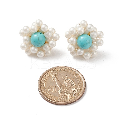 Synthetic Green Turquoise & Shell Pearl Braided Flower Stud Earrings EJEW-TA00161-1