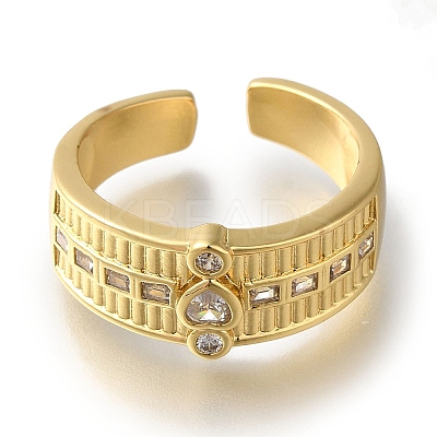 Rack Plating Heart Brass Clear Cubic Zirconia Open Cuff Rings RJEW-S411-03G-1