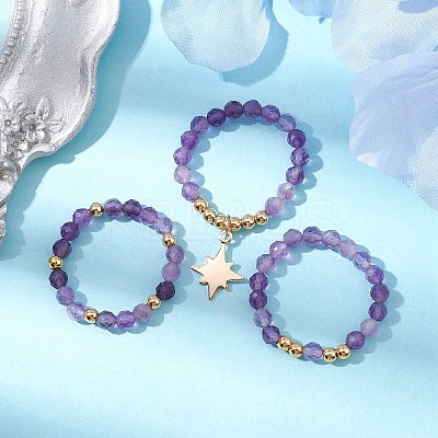 3Pcs 3 Style Natural Amethyst Beaded Stretch Rings Set RJEW-JR00647-01-1
