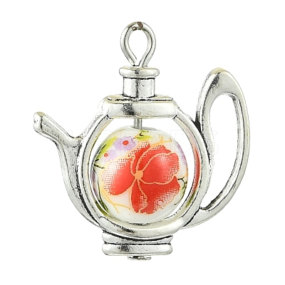 Rotatable Floral Printed Porcelain Bead Teapot Pendants PALLOY-JF03167-1