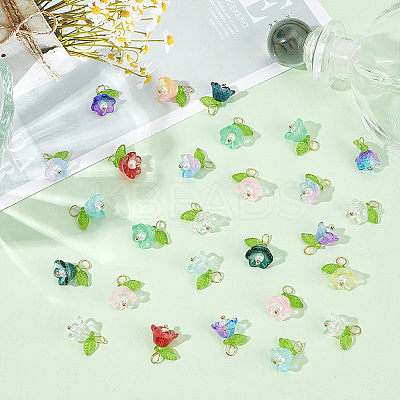 60Pcs 10 Color Glass Flower Pendants PALLOY-AB00190-1