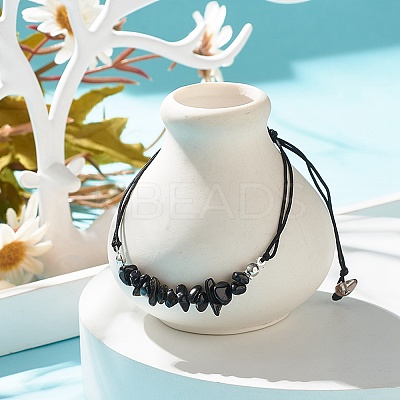 Natural Obsidian Chips Braided Bead Bracelet X-BJEW-JB08019-08-1