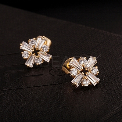 Real 18K Gold Plated Flower Brass Cubic Zirconia Stud Earrings EJEW-EE0001-220-1