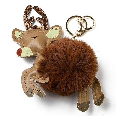 Imitation Rex Rabbit Fur & PU Leather Christmas Reindeer Pendant Keychain KEYC-K018-02KCG-03-1