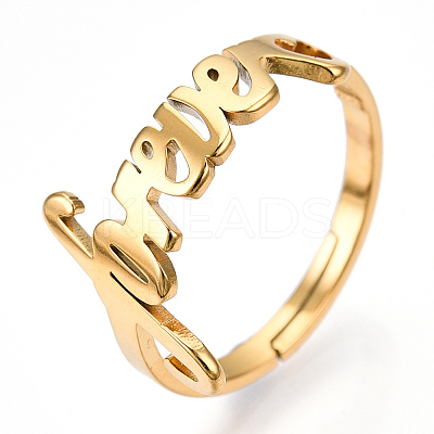 Ion Plating(IP) 304 Stainless Steel Heart with Word Forever Adjustable Ring RJEW-T027-05G-1