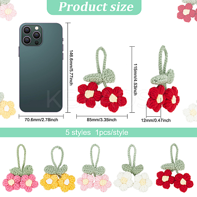 5Pcs 5 Colors Crochet Puff Flower Pendant Decorations with Adjustable Leaf DIY-FG0004-12-1