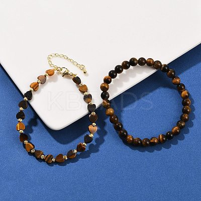 Natural Tiger Eye Beaded Bracelets Set for Women BJEW-G752-02G-06-1