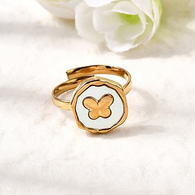 304 Stainless Steel Finger Rings with Shell for Women RJEW-A075-01G-1