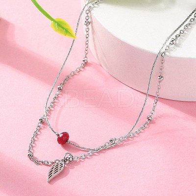 304 Stainless Steel & Dyed Natural White Jade Feather Pendant Double Layer Necklaces for Women NJEW-A045-20P-1